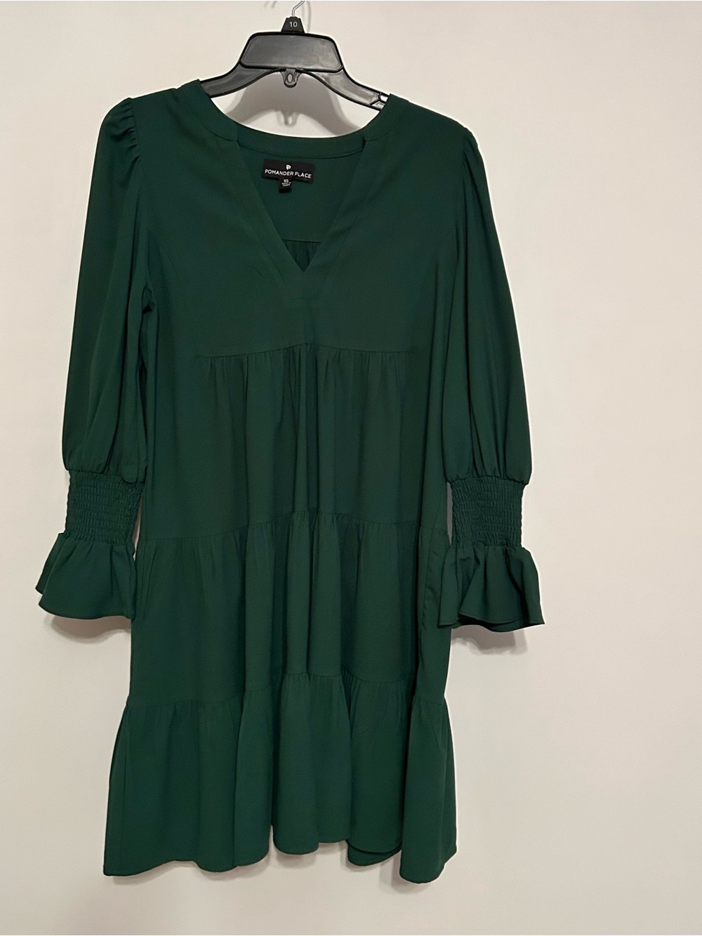 Pomander Place Emerald Green Tiered V-Neck Mini Dress